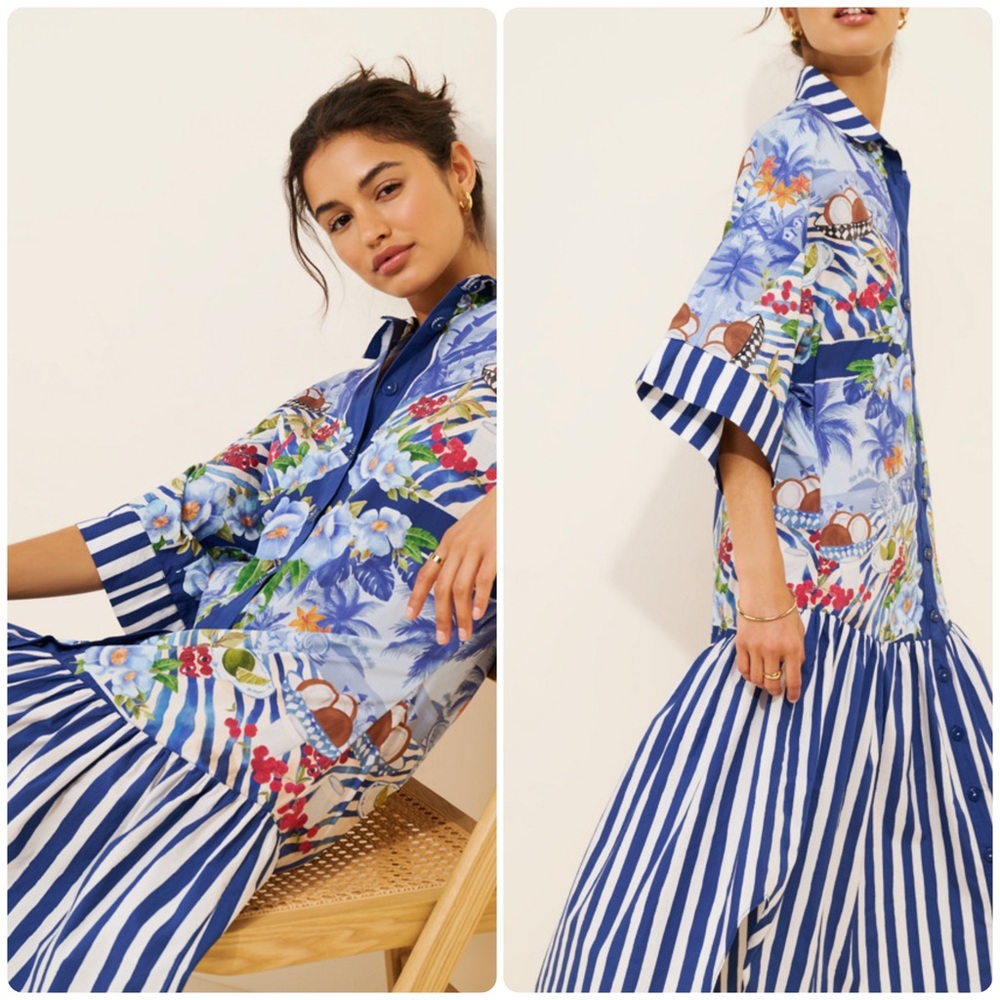 Farm Rio size XS Fresh Table Scarf Midi Dress Blue NWT No Belt - Picture 2 of 12